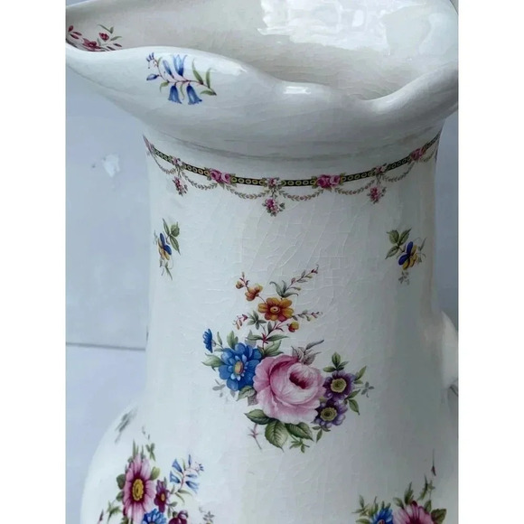 Vintage Ironstone Pitcher and Large Basin Bowl White Pink Flower - Picture 14 of 15